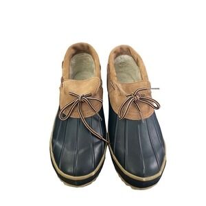 Sporto Duck Boots Mens 10M Navy Blue Tan Leather Rubber Insulated Excellent